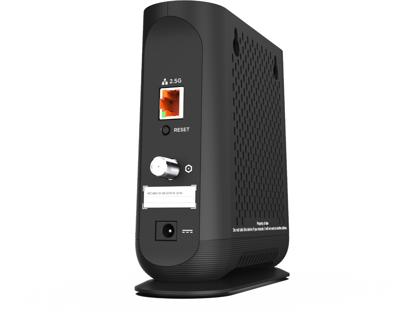 Back of black Network Termination Device (NTD) unit featuring a Reset button and cable ports.